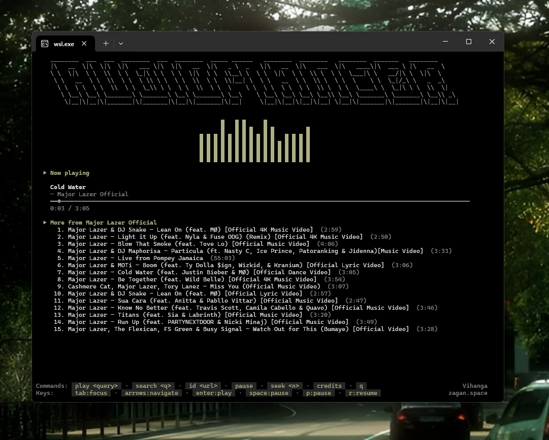 Audiomancer terminal UI showing search results and playback