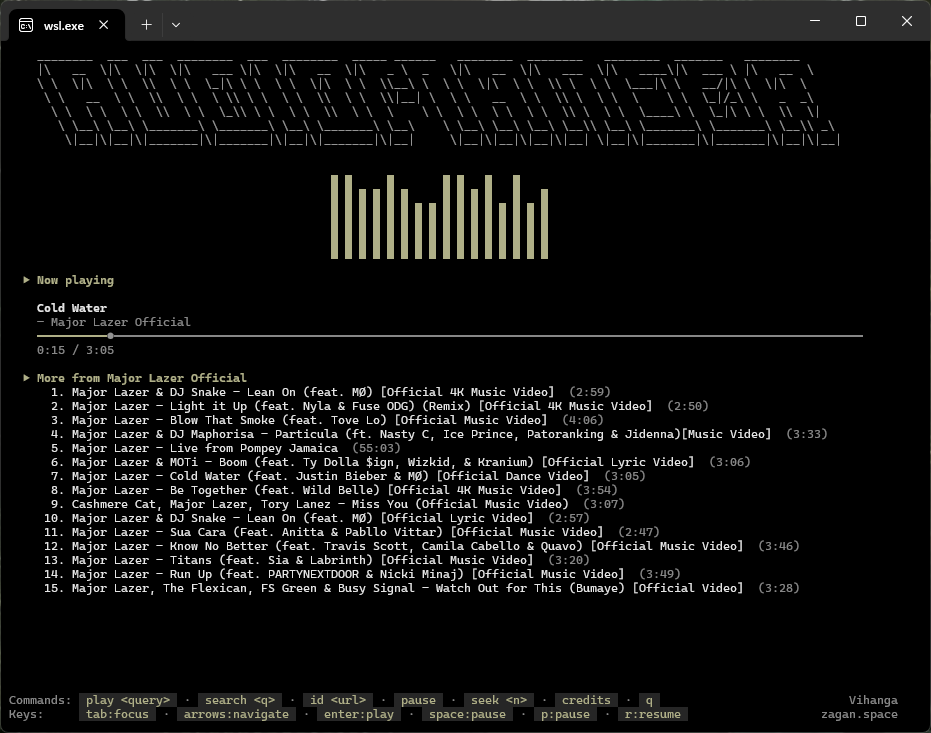 Audiomancer terminal UI showing playback controls and progress