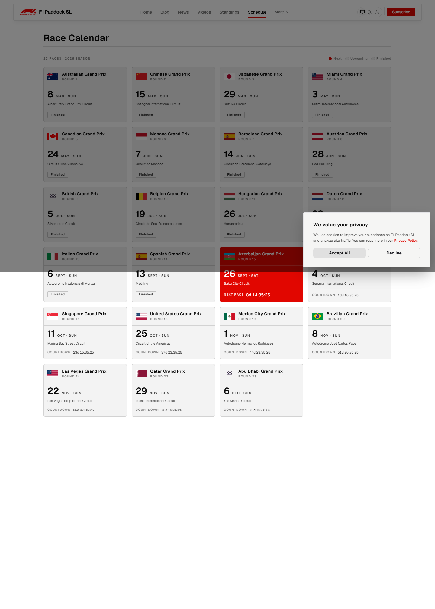 Full 2026 F1 race calendar on the F1 Fan Paddock schedule page