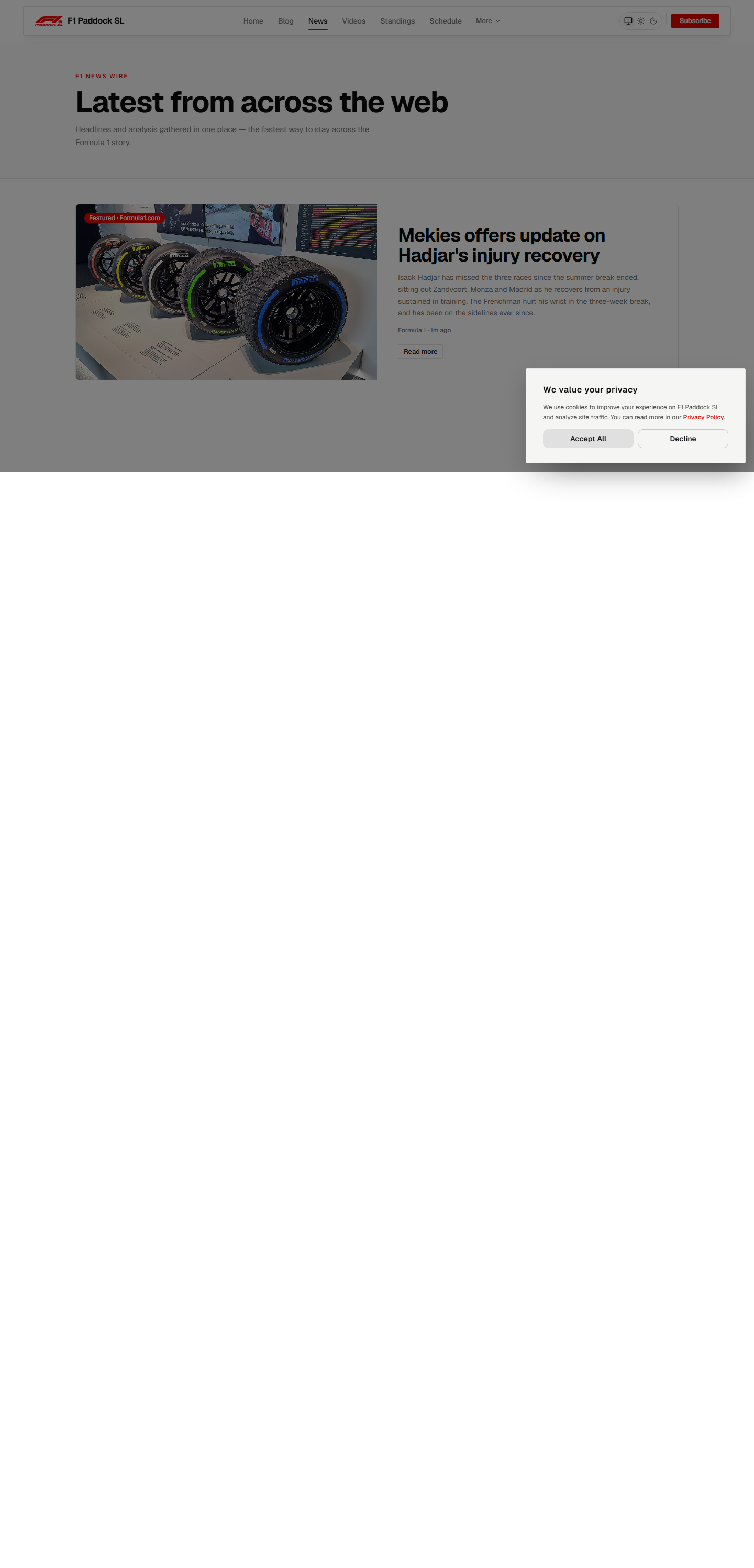 Formula 1 news feed on the F1 Fan Paddock news page