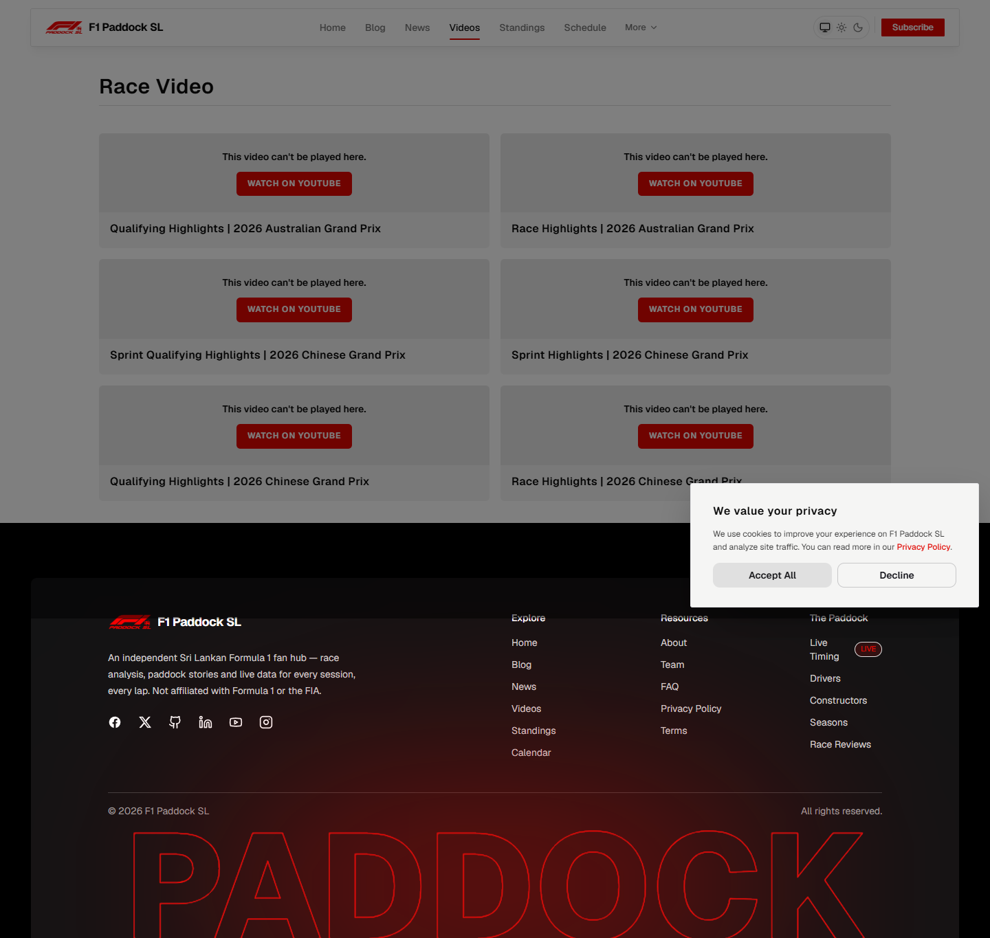 Curated F1 video highlights on the F1 Fan Paddock videos page