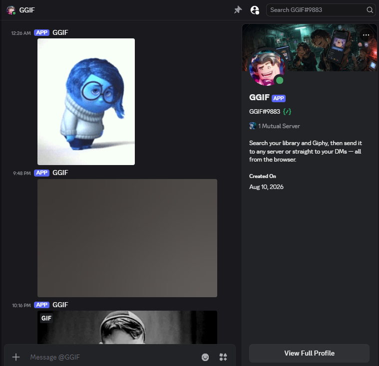The GGIF bot sending a GIF to a user's DMs