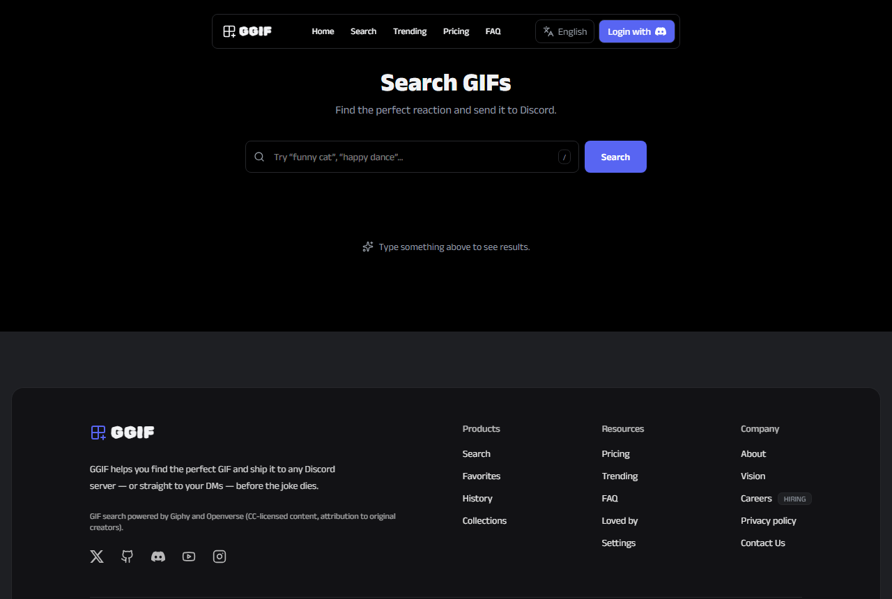 GGIF search page showing GIF results from your library and Giphy