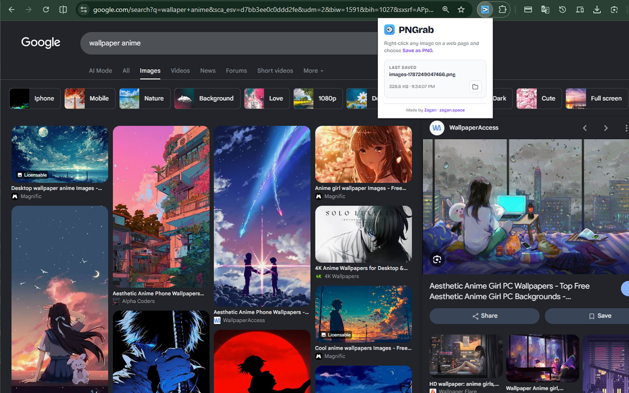 The PNGrab popup showing the last saved image and a Show in folder button