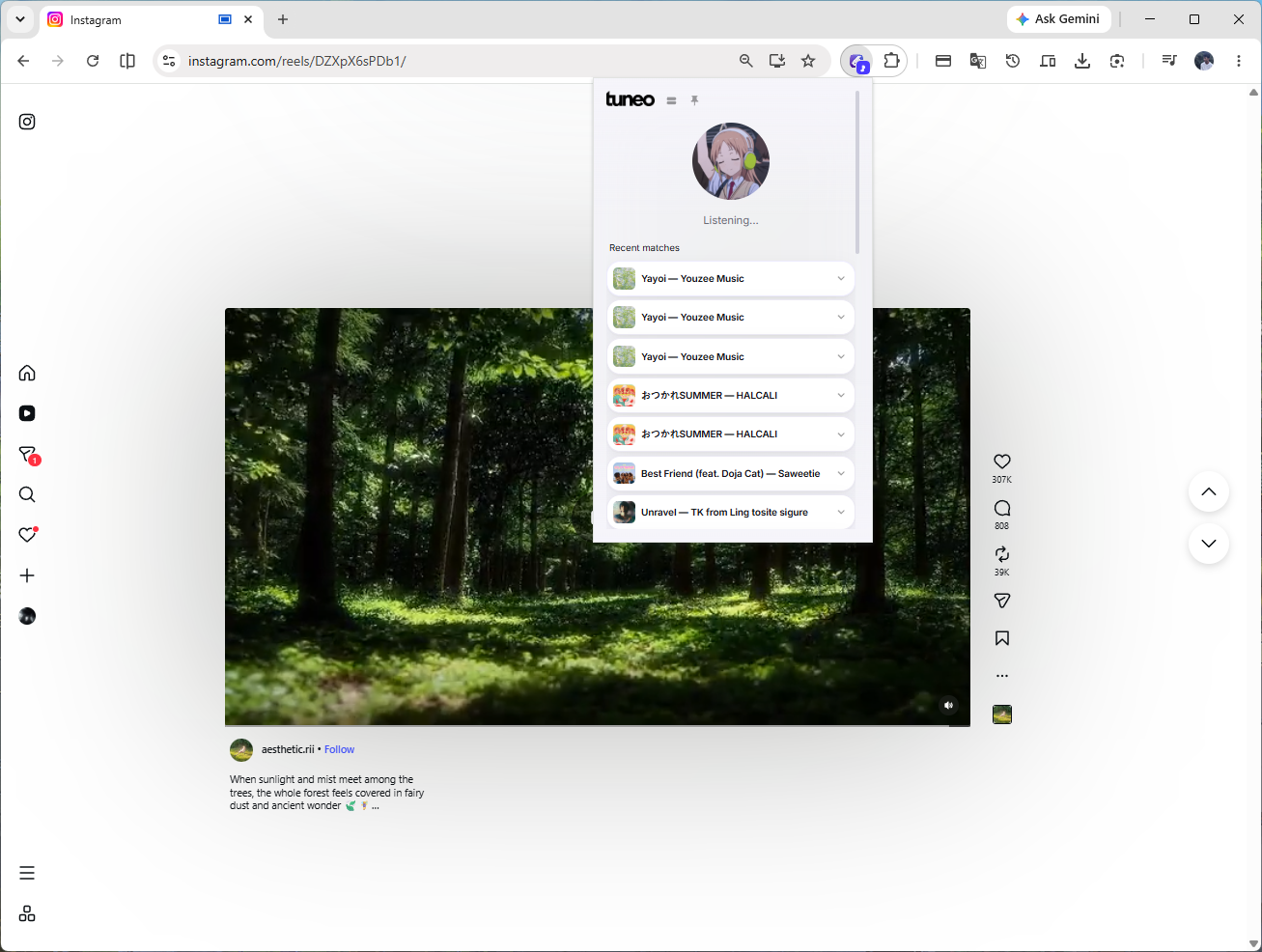 Tuneo popup showing listen button and recent matches